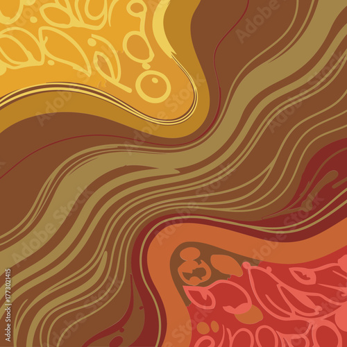 Abstract design with flowing, wavy lines and colors in shades of gold, brown, and red. Organic, artistic pattern with abstract shapes and patterns.