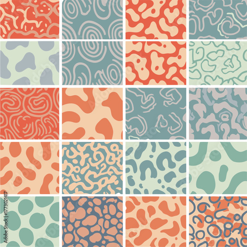 Abstract pattern collection featuring a variety of organic shapes and colors in a repeating graphic design. Set of seamless patterns for graphic design and print media.