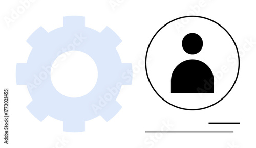 Gear for tools or processes next to person icon symbolizing user, collaboration, or profile management. Ideal for teamwork, settings, user interface, organization, technology, process simple flat