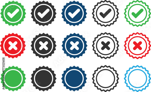Collection of checkmark and cross icons in various colors and styles