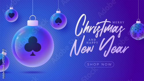 Casino Christmas and New Year sport banner. Merry Christmas tech greeting card with xmas ball as a bauble on purple neon background. Vector illustration