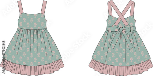 Cute children’s dress design with floral print, pink straps, ruffled hem, and bow detail, ideal for spring fashion, sewing patterns, and kids’ apparel collections