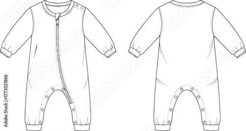 Baby romper technical flat sketch, front and back view, zipper and snap button details, long sleeve, cuffed hem, fashion design template