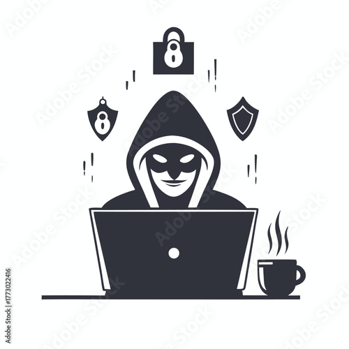 Hooded hacker with a smiling mask uses a laptop beside a cup of coffee