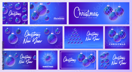 Cricket Christmas and New Year sport banner set. Merry Christmas futuristic neon greeting card collection with xmas ball as a bauble. Vector illustration collection