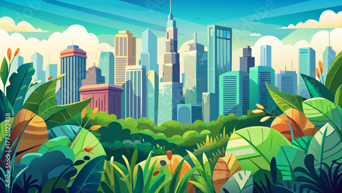 Very beautiful view of lush green plants in the foreground with towering skyscrapers of Chicago, Illinois, USA, rising behind them, blending urban architecture with vibrant nature.