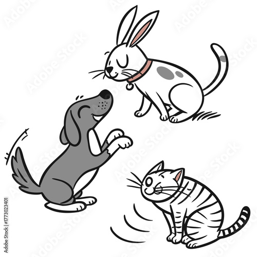 Cartoon dog, cat and rabbit playing