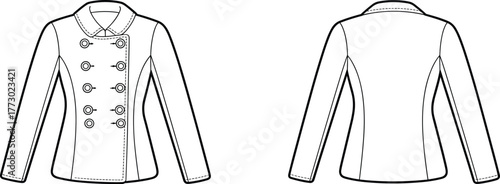 Double-breasted jacket flat sketch, front and back view, fashion illustration, tailored outerwear, lapel collar, button detail, princess seams, vector drawing