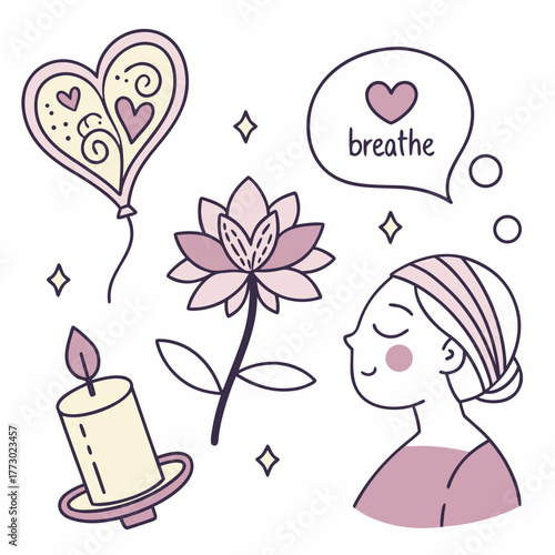 Relaxing scene with lotus flower, candle, and heart balloon