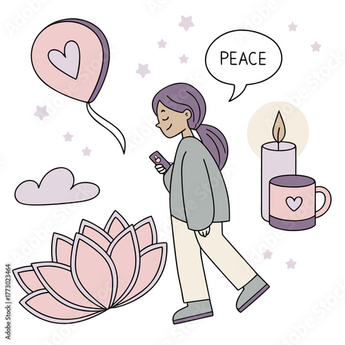 Girl with phone walking in peaceful scene