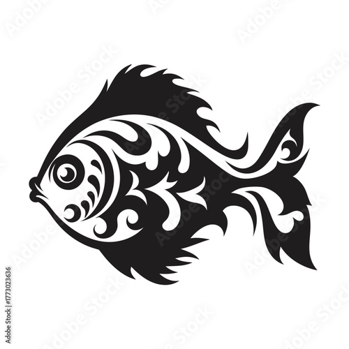 Intricate black fish drawing showcases beautiful decorative patterns and stylistic fin details on white