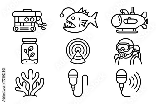 Oceanic Abyss Icons. Line style icons of Oceanic Abyss: ROV, Abyssal Creature, Submersible, Sample Container, Sonar, Diver, Coral,