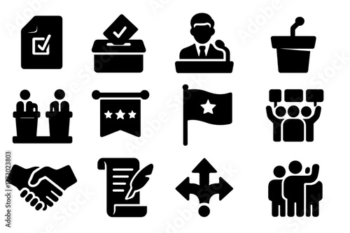 Politics Icon Set. Solid style icons of politics: voting ballot, ballot box, politician speaking, podium with microphone, debate