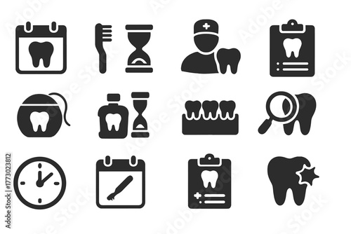 Dental Care Icons. Solid style icons of Dental care reminders: calendar with tooth, brushing timer, dentist appointment, oral care