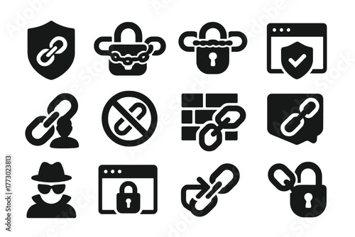 Secure Link Icons. Solid style icons of secure hyperlinks: shield link, lock with chain, encrypted link, secure browser, private