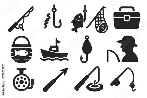 Fishing Icons Collection. Solid style icons of fishing: fishing rod, hook with bait, fish caught on hook, net with fish, fish