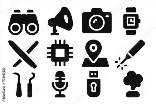 Spy Gadget Icons. Solid style icons of Spy gadgets: binoculars, listening device, camera, wristwatch gadget, pen recorder,