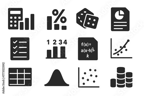 Solid Statistics Icons. Solid style icons of statistics: calculator with chart, percentage bars, probability dice, statistical
