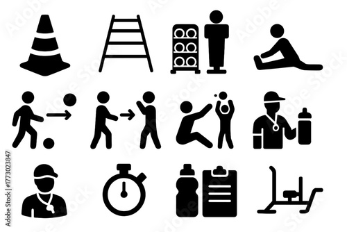 Training Equipment Icons. Solid style icons of Training and practice: cone, agility ladder, ball rack, tackling dummy, passing