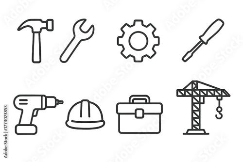Industrial Tools Icons. Line style icons of Industrial Tools: Hammer, Wrench, Gear, Screwdriver, Drill, Hard Hat, Toolbox,