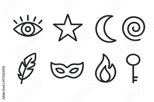 Symbolic Line Icons. Line style icons of Symbolism: Eye, Star, Crescent Moon, Spiral, Feather, Mask, Flame, Key, No text, No