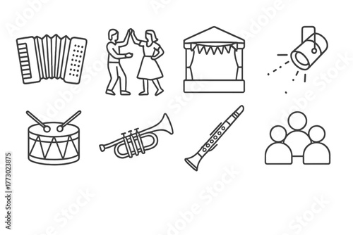 Folk Festival Icons. Line style icons of Folk Festival: Accordion, Dancing Couple, Stage, Spotlight, Drum, Trumpet, Clarinet,