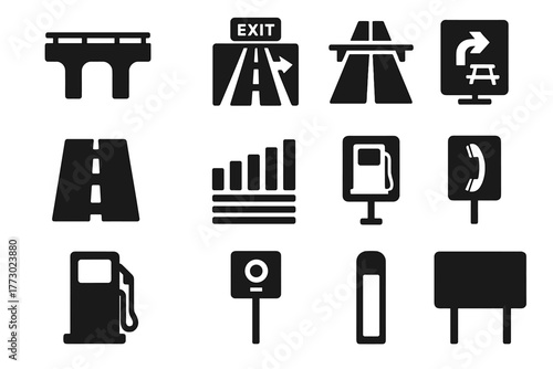 Highway Icon Set. Solid style icons of highways: elevated expressway, highway exit sign, highway entrance ramp, traffic lane