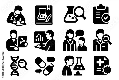 Research Icons Collection. Solid style icons of Research: scientist writing, lab notebook, chemical analysis, research results,