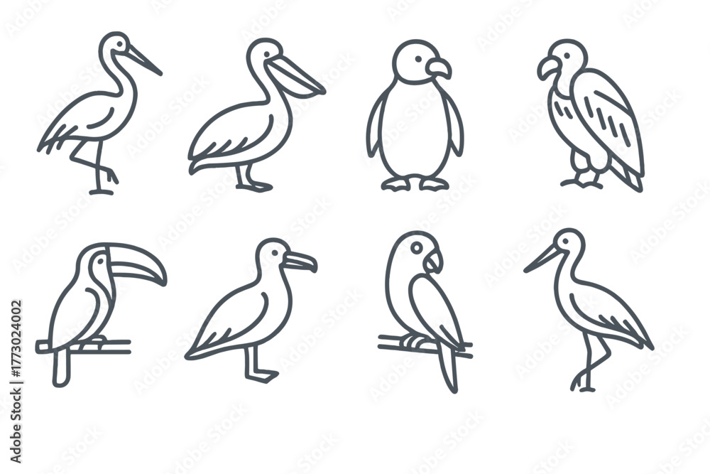 Naklejka premium Endangered Bird Icons. Line style icons of Endangered Birds: Crane, Pelican, Penguin, Vulture, Toucan, Albatross, Parrot, Stork,
