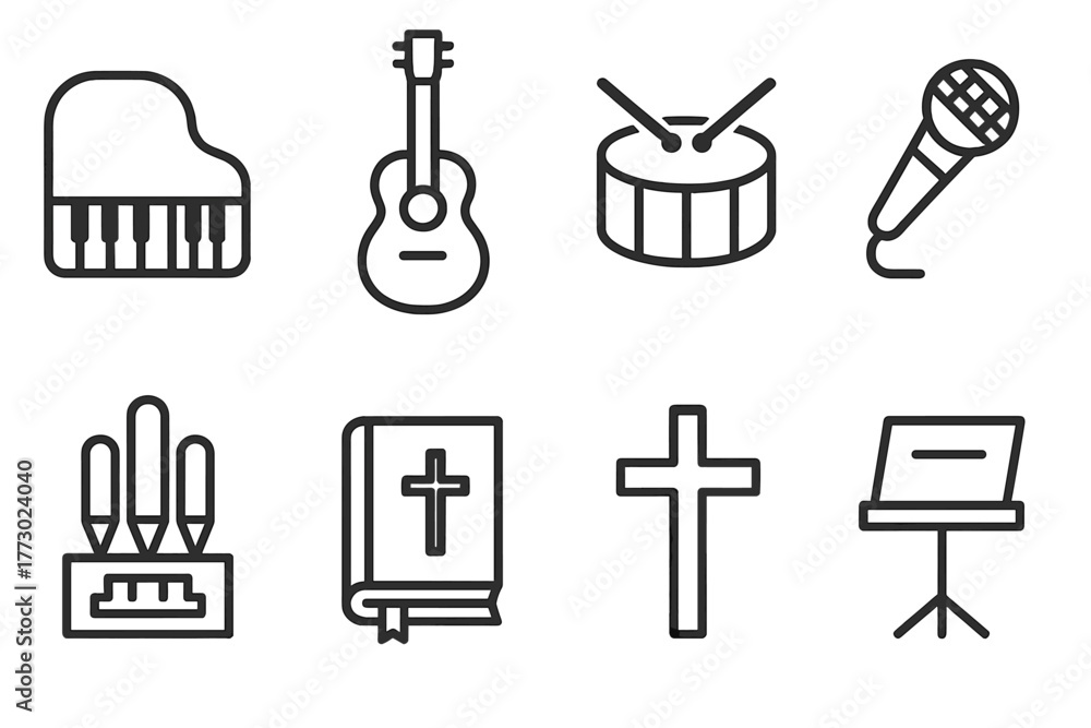 Fototapeta premium Worship Instrument Icons. Line style icons of Worship Instruments: Piano, Guitar, Drum, Microphone, Organ, Hymn Book, Cross, Music