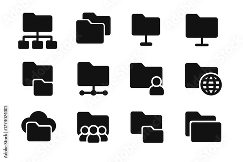 Directory Structure Icons. Solid style icons of Directory structure: folder tree, nested folders, root directory, branch folder,