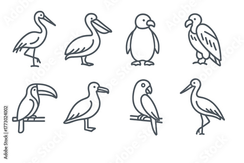 Endangered Bird Icons. Line style icons of Endangered Birds: Crane, Pelican, Penguin, Vulture, Toucan, Albatross, Parrot, Stork,