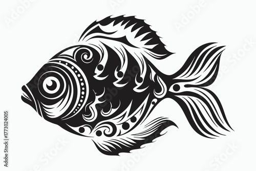 Intricate tribal inspired goldfish detailed with swirling patterns swimming peacefully against a light background