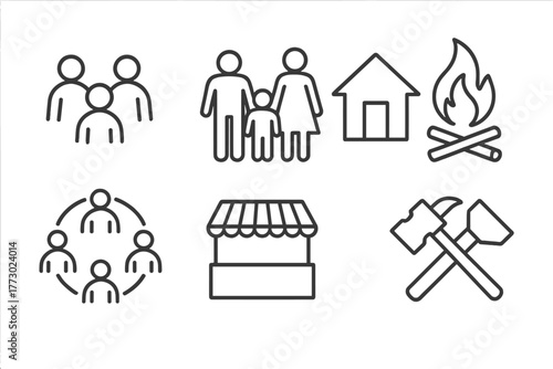 Social Anthropology Icons. Line style icons of Social Anthropology: Community, Family, Festival, House, Fire, Circle of People,