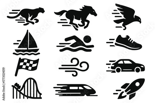 Icons of Speed. Solid style icons of motion speed: cheetah running, horse gallop, falcon dive, sailboat racing, swimmer dash,