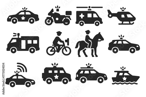 Solid Police Icons. Solid style icons of police vehicles: patrol car, motorcycle police, police van, helicopter unit, riot truck,