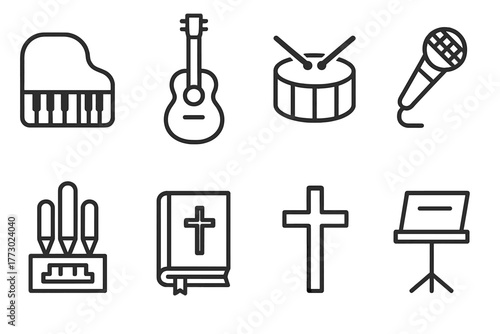 Worship Instrument Icons. Line style icons of Worship Instruments: Piano, Guitar, Drum, Microphone, Organ, Hymn Book, Cross, Music