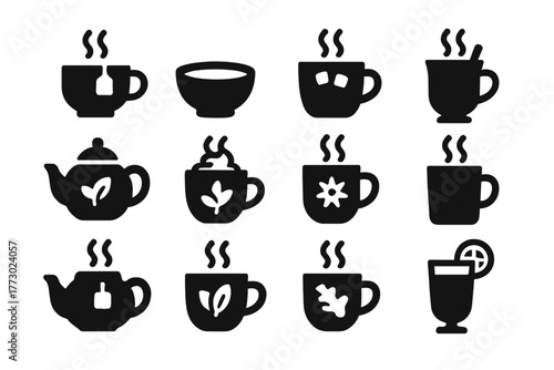 Hot Beverage Icons. Solid style icons of Hot beverages: tea cup, matcha bowl, hot chocolate mug, mulled wine cup, herbal tea pot,