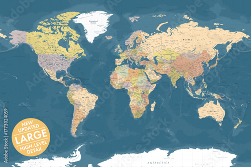 Vector world map large detailed layered updated edition in navy pastel vintage style