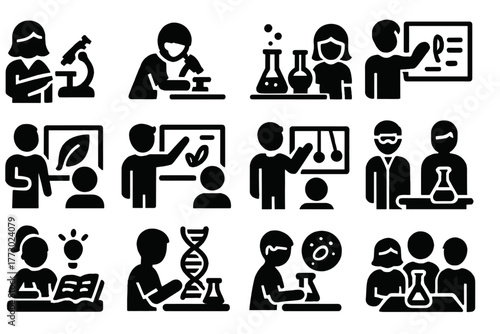 Education Science Icons. Solid style icons of Education science: teacher with microscope, student in lab, school experiment,