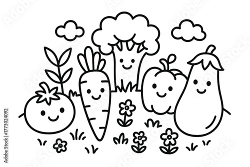 Playful Vegetables Coloring Page. A cute vegetables in a playful scene with friendly details, black and white line art, children’s
