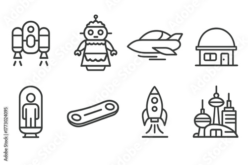 Futuristic 60s Icons. Line style icons of Futuristic 60s: Jetpack, Robot Maid, Flying Car, Domed House, Capsule Elevator,