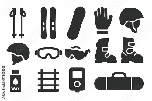 Ski Equipment Icons. Solid style icons of Skiing equipment: ski poles, skis, snowboard, bindings, helmet, goggles, gloves, boots,
