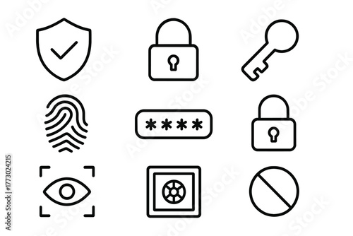 Crypto Security Icons. Line style icons of Crypto Security: Shield, Lock, Key, Fingerprint, Password, Padlock, Eye Scan, Vault, No