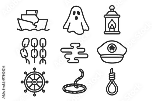 Haunted Vessel Icons. Line style icons of Haunted Vessel: Cracked Hull, Ghostly Figure, Lantern, Chains, Fog, Captain’s Hat, Wheel