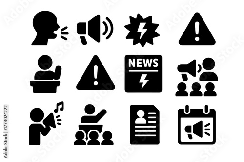 Announcement Icons Collection. Solid style icons of announcements: person shouting, megaphone with waves, news flash icon, urgent