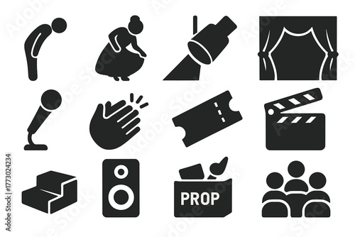 Performance Icons Set. Solid style icons of Performance elements: actor bowing, actress curtsy, spotlight beam, stage curtain,