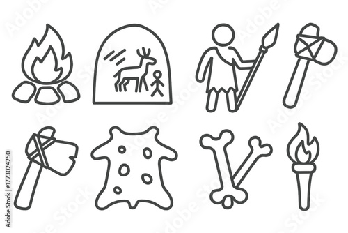 Caveman Life Icons. Line style icons of Caveman Life: Fire Pit, Cave Painting, Hunter, Spear, Stone Axe, Animal Skin, Bones, Torch