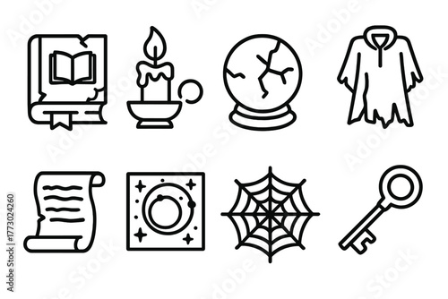 Forgotten Tower Icons. Line style icons of Forgotten Tower: Broken Spellbook, Dusty Candle, Cracked Orb, Torn Robes, Faded Scroll,