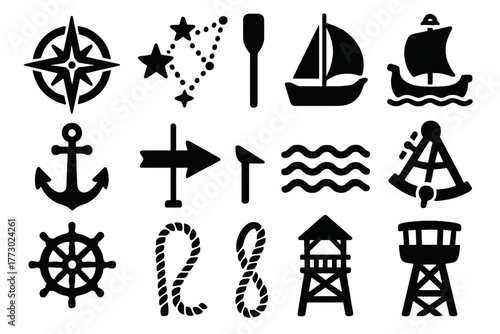 Viking Navigation Icons. Solid style icons of Viking navigation: compass rose, star map, oar, sail, anchor, wind direction, wave